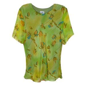 Light Green Floral Silk Blouse - Lightweight Short Sleeve Top